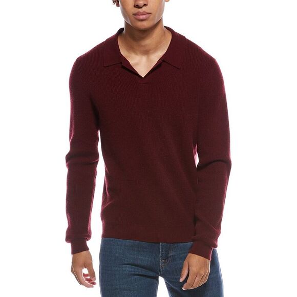 Amicale Cashmere MensRibbed Cashmere Polo Shirt, Red